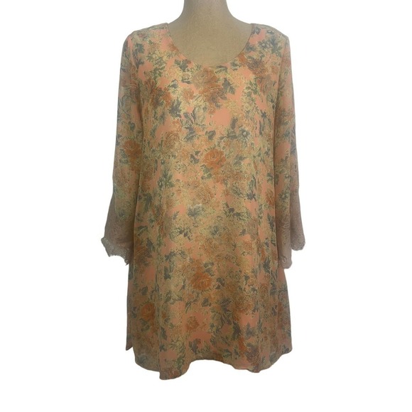 ASTR Pink Vintage Print Fully Lined Pastel Mini Dress with Lace Cuffs SZ M - Picture 1 of 9